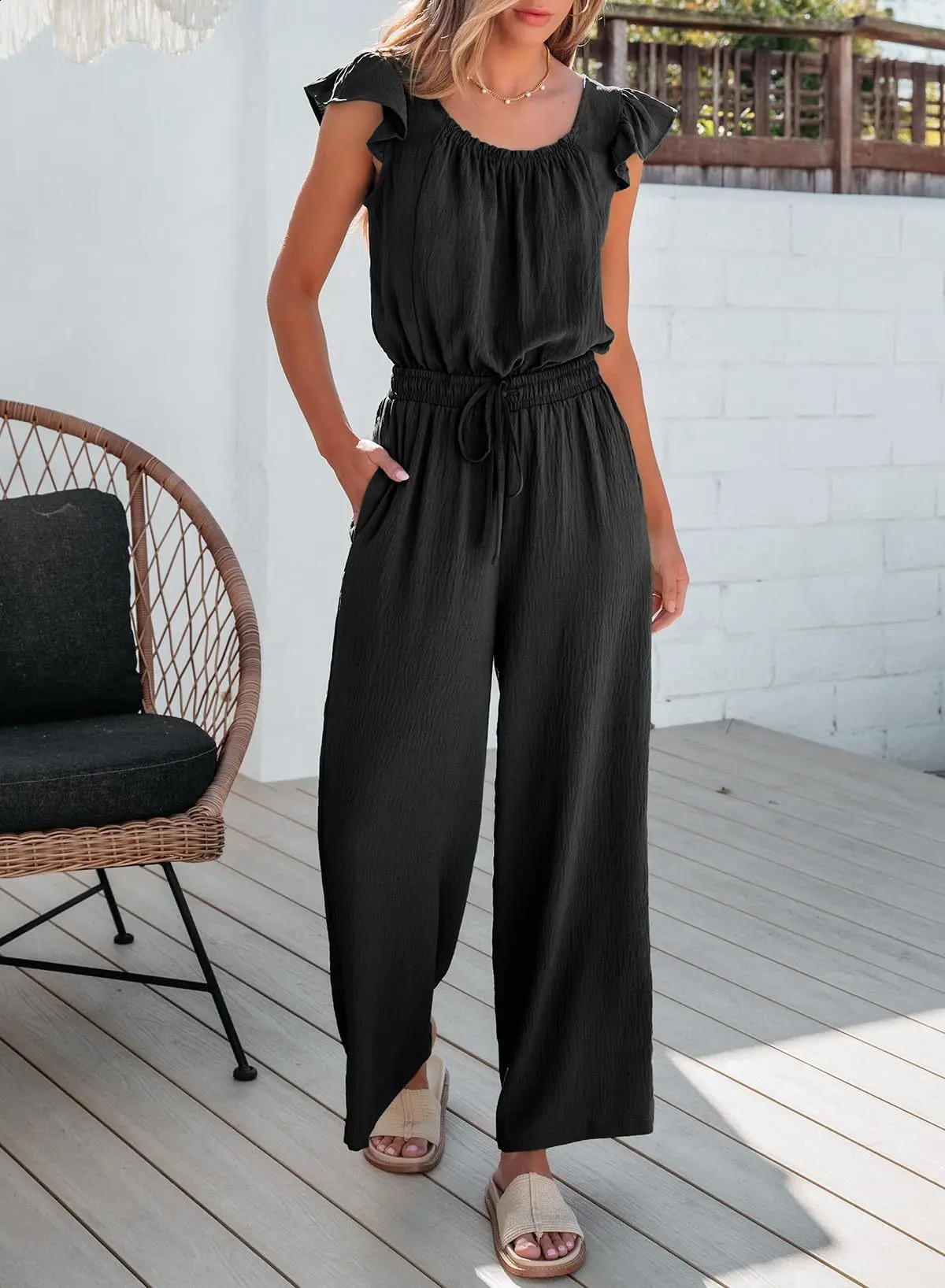 Summer Womens Jumpsuits Lotus Leaf Sleeves High Waist Slim Drawstring Square Collar Fashion Street Casual Jumpsuit 250530