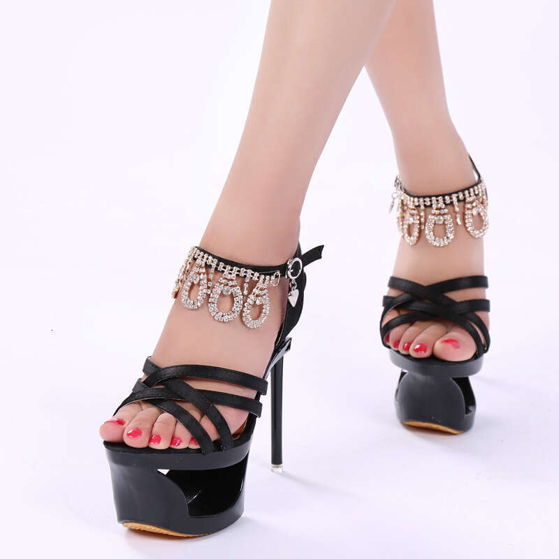 Super High Heels Summer New Satin Rhinestone Ultra High Open Toe Sandals For Women One Strap 15Cm Stiletto Heel Extreme Height Platform High Heels