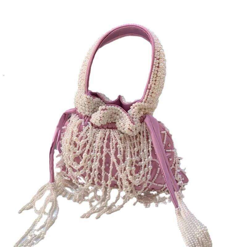 Elegant Women's High Quality Silk Pearl Sweet Bucket Handbag Dumpling Bag Banquet Evening Bags For Ladies