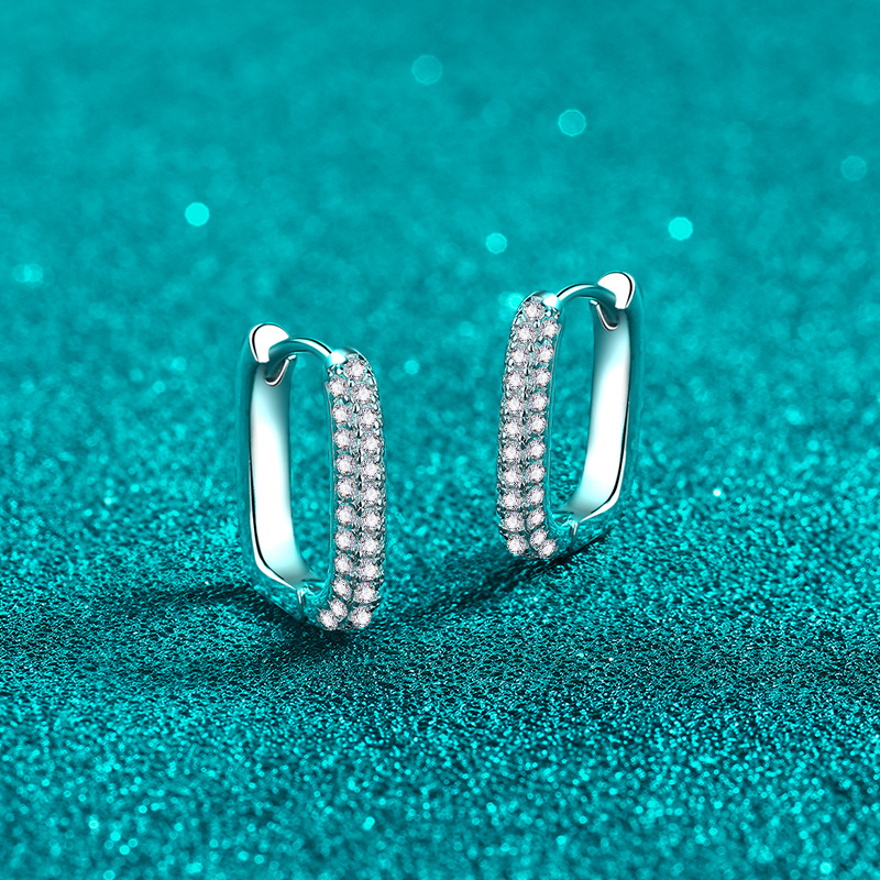 S925 sterling silver earrings with PT950 plating, featuring two rows of Moissanite stones, a sleek square hoop design for elegant, everyday wear.