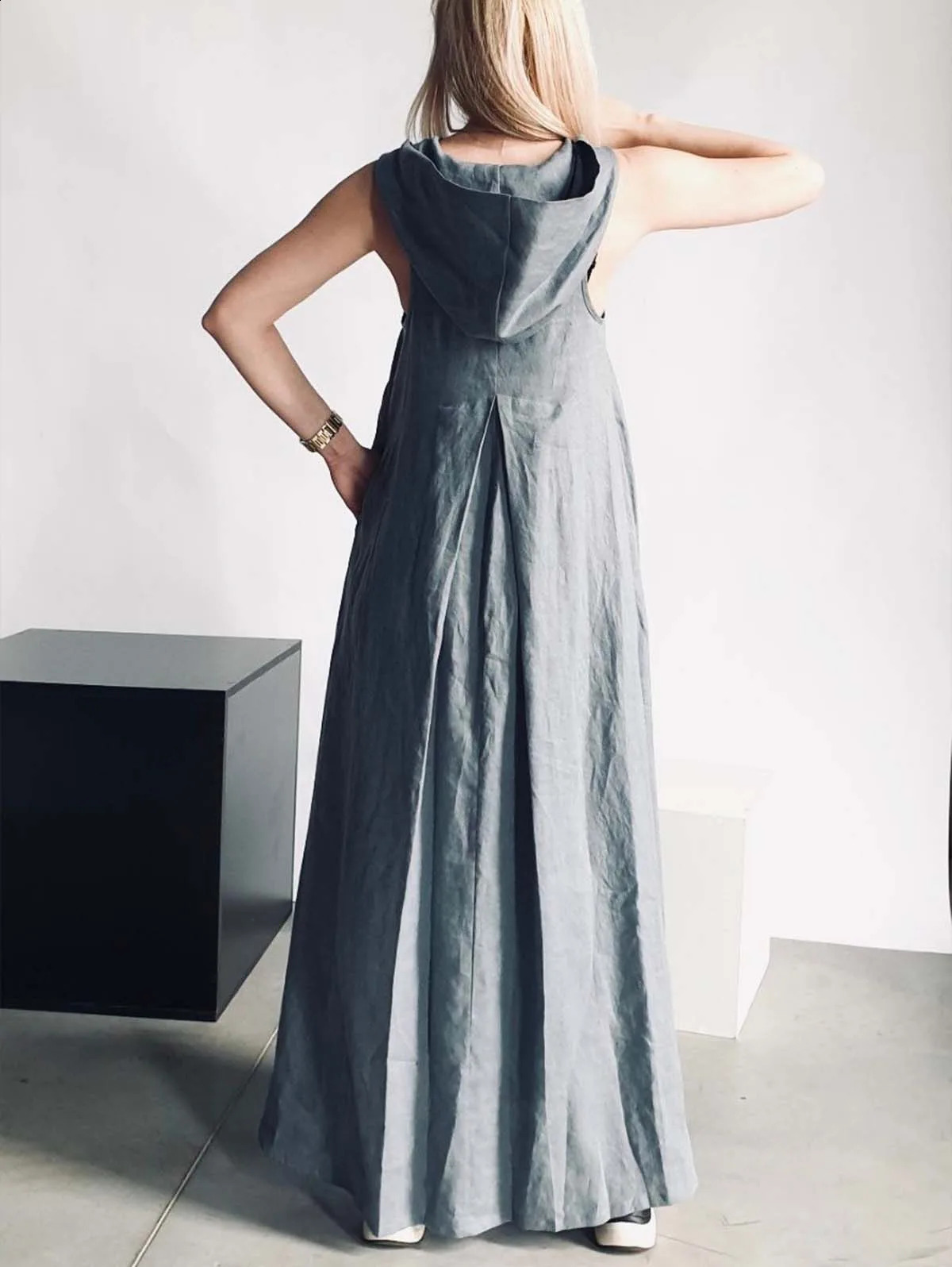 Long Dresses for Women Casual Loose Summer Sleeveless Dresses Vintage Linen Front Pleat Maxi Dress with Hooded Pleated Vestidos 250529