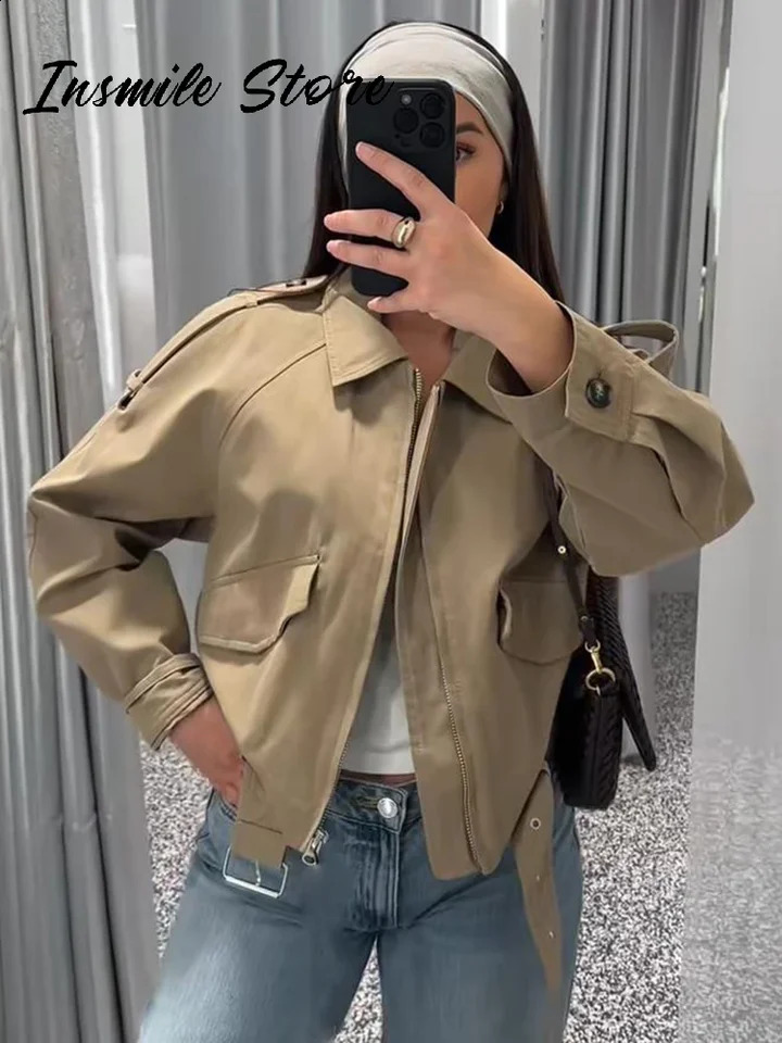 Casual Solid Belt Women Jacket Turn-down Collar Long Sleeve Zipped Loose Female Coats 2025 Spring Chic Lady Streetwear Tops 250530