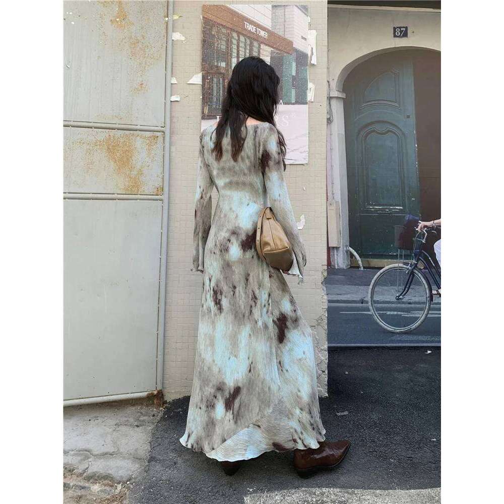 Designer Pleate French Maxi For Women Flare Long Sleeve Swing A Line Dress Fall Clothes