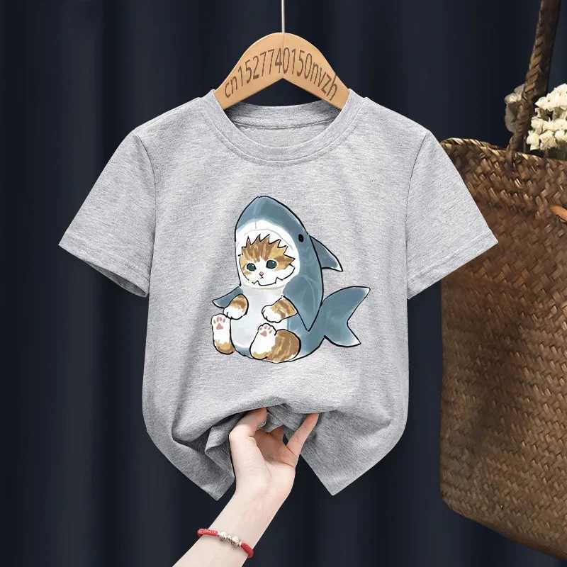 Cat Shark Funny Cute Print Casual Print Funny Boy Girl T-shirts Kid Children Manga Gift Present Black Harajuku Clothing T250603