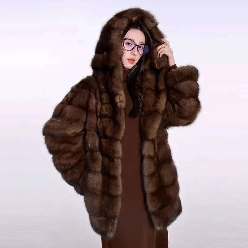2025New Faux Coat, Long Overcoat with Hood for Women Winter Warm Hoodie Outerwear Plush Jacket Artificial Fur Coat