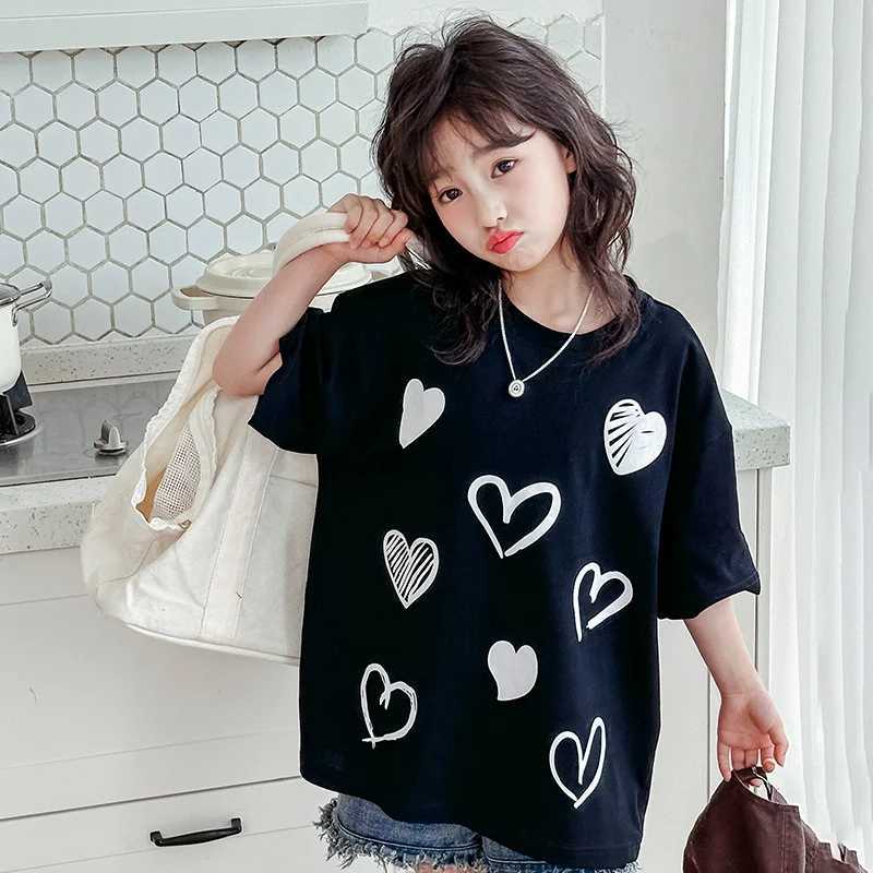 Hot Sale Child Summer Short Sleeve T-shirt with Heart Print For Girls Elegant Cotton Tshirt Outfit Tee Tops Age 5 7 9 11 13 14 Y T250603