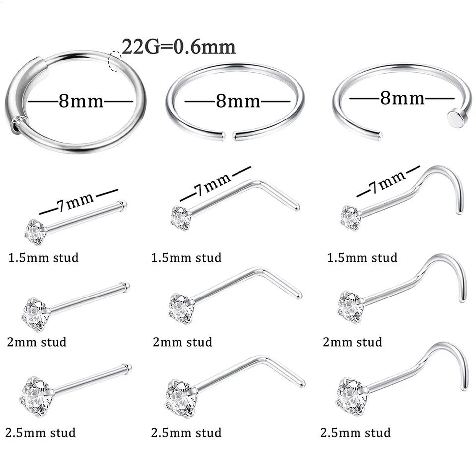 Drperfect 22G Steel Nose Rings Hoop Studs for Women Men Cartilage Earrings Nostril Body Piercing Jewelry CZ 250530