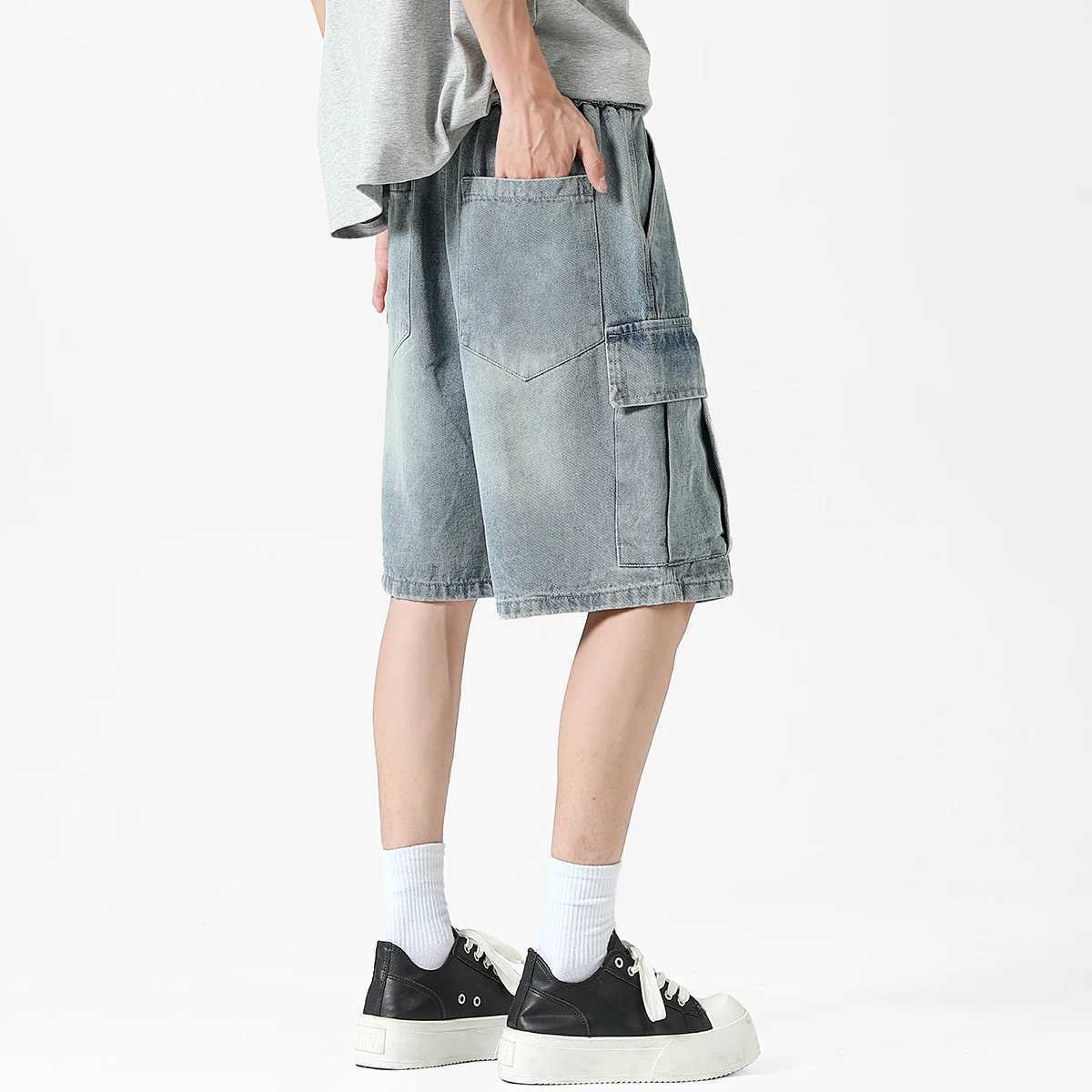 Mens Oversized Denim Shorts Korean Summer Elastic Waist Fashion Baggy Knee-length Cargo Shorts Streetwear Casual Short Jeans T250603