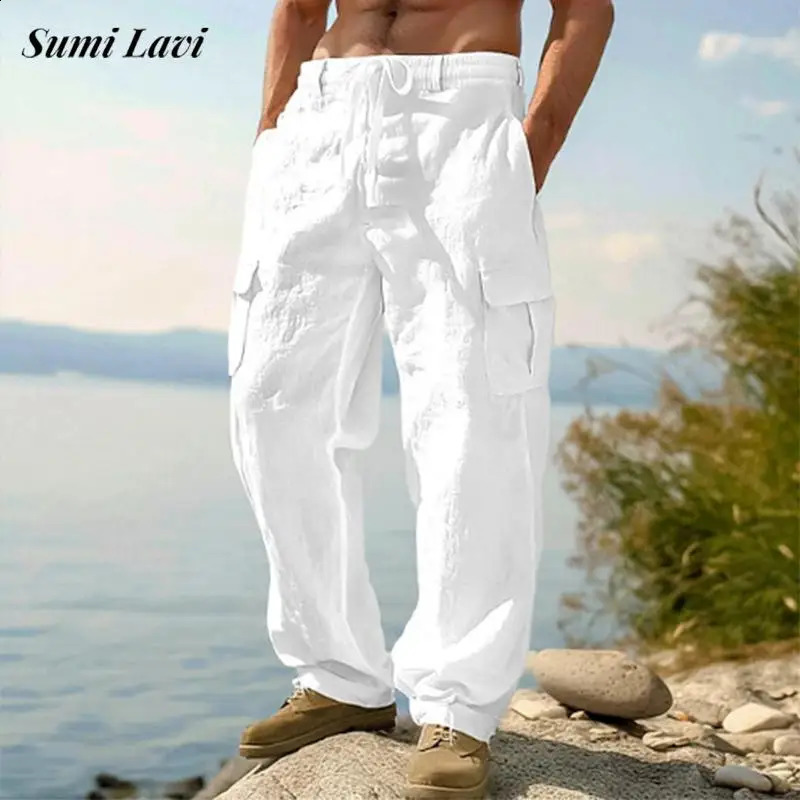 Multi Pockets Patchwork Mens Cargo Pants Summer Trendy Solid Color Loose Linen Trousers Men Vacation Beach Casual Trousers 250528