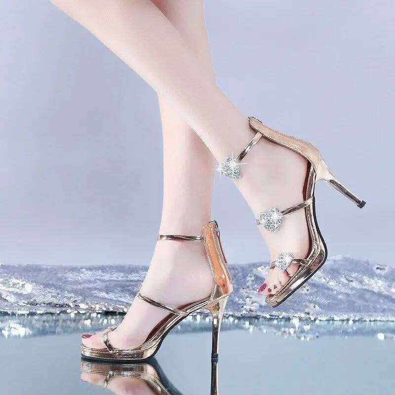 Women's Sandals Rhinestones Sexy Thin Heels Ladies Shoes Summer Sale Asian Size 2025 Trend New Breathable Fashion Casual