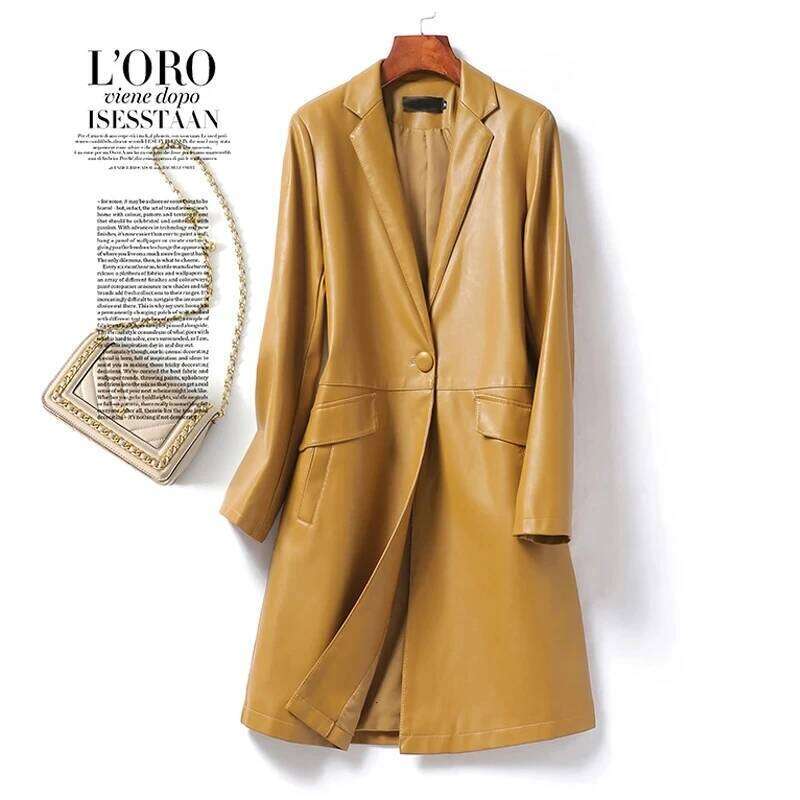Sheepskin Coat Women Midi-length Outwear 2024 Fall Winter Blazer Collar Single Button Ladies Split Leather Trench