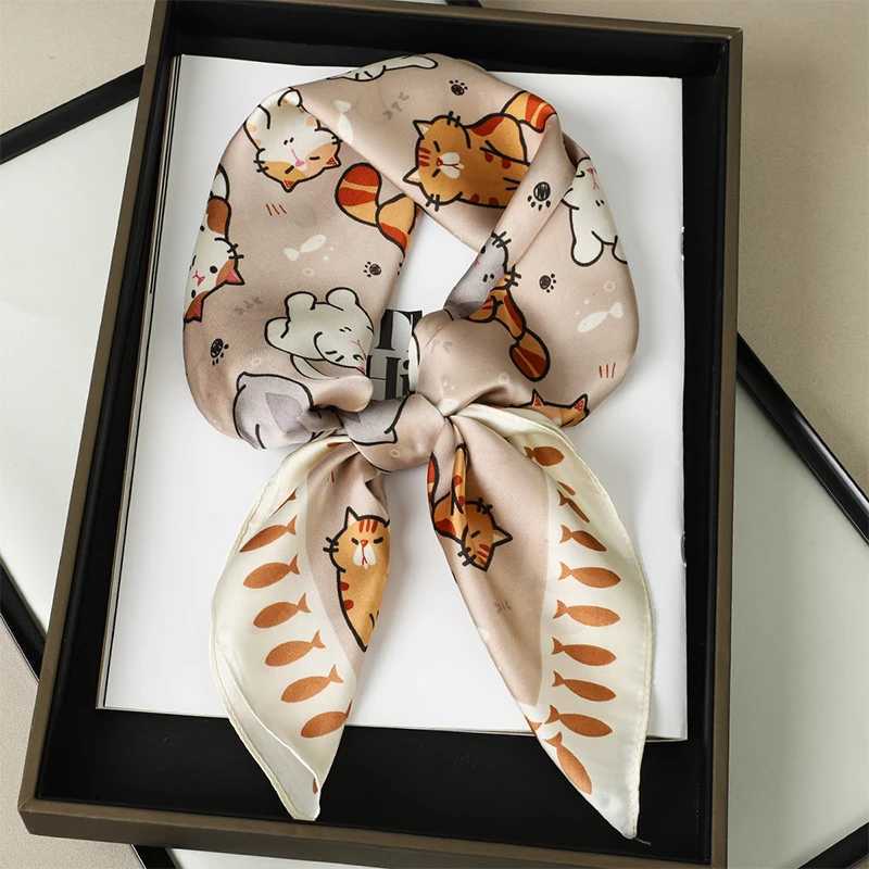 2024 Design Fashion Square Silk Scarf Women Hairband Cat Printed Small Satin Shawls Foulard Neckerchief Female Headbands Bandana W250602