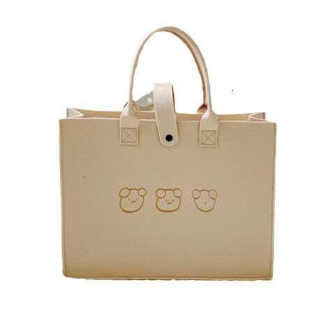 Trendy New Bear Felt Tote Simple Cute Cartoon Handbag Large Capacity Solid Color Shopping Bag