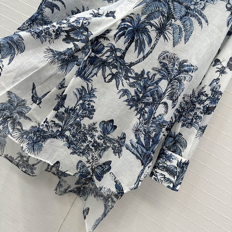 Summer Women's Butterfly Palm Print Cotton Shirt Classic Stand Collar Button Front Long Sleeve Loose Fit High-Low Hem Embroidered Retro Luxury Cl