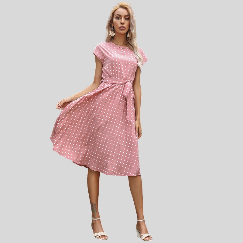 New summer hot-selling European and American medium and long dresses retro elegant short-sleeved polka dot pleated dresses