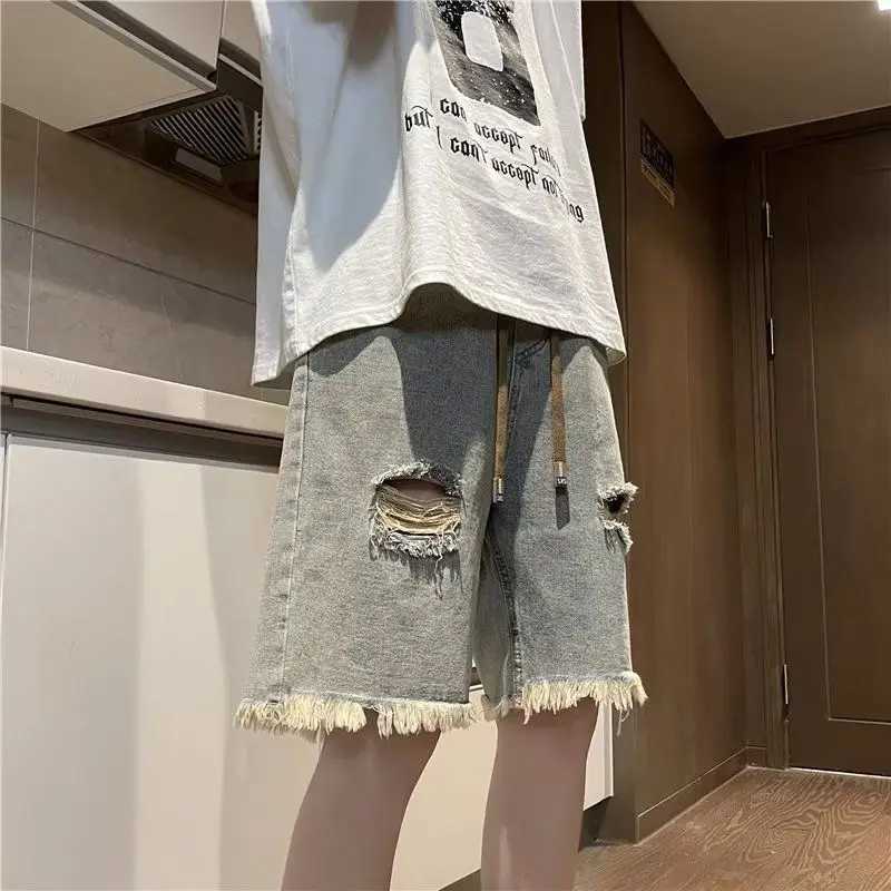 Ripped Denim Shorts Mens Breasted Five-point Design Sense High Street Beggar Medium Pants T250603
