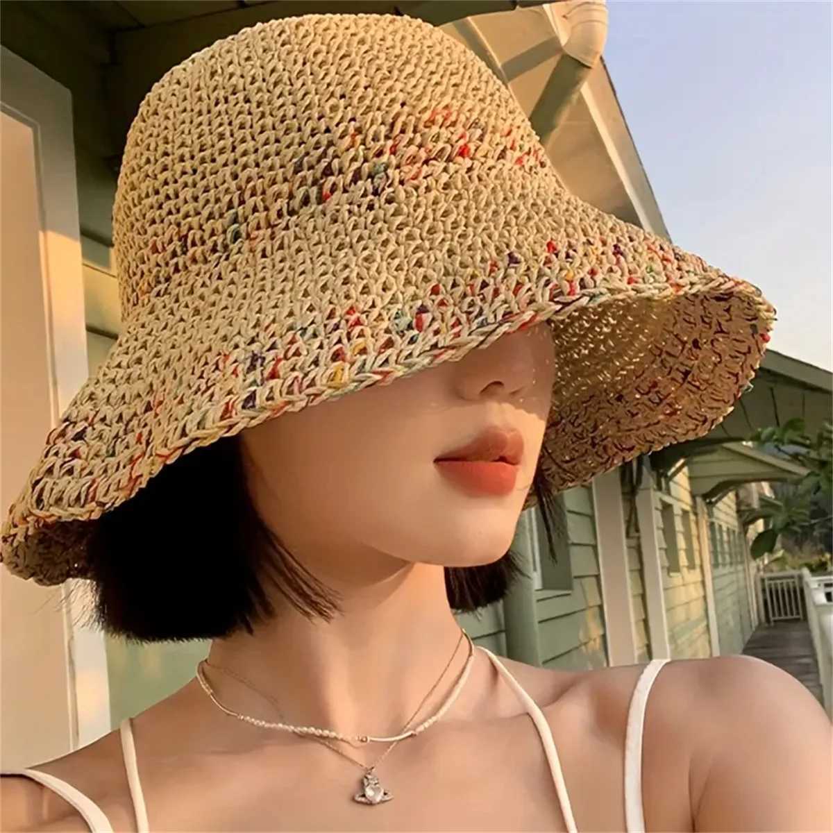 One Summer Hollowed-Out Sun Protection Hat Breathable and Not Stuffy Rainbow Seaside Vacation Style Wide Brim Woven Fisherman W250602
