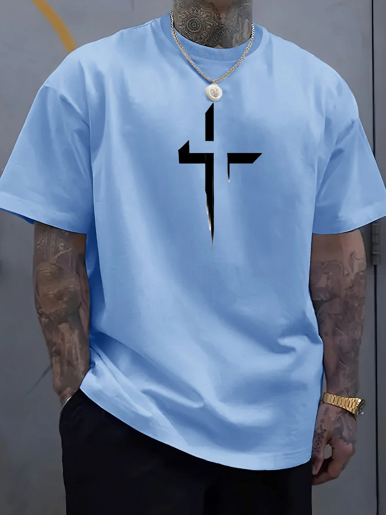 Summer mens 100% pure cotton casual loose plus size Cross Creative printed sports comfortable round neck short sleeved T-shirt 250530