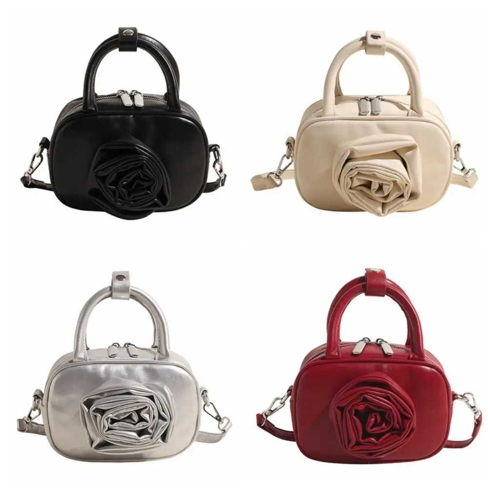 PU Leather Rose Flower Bowling Bag Single Shoulder Solid Color Silver Handbag Korean Style Purse PU Crossbody Bag Underarm W250602
