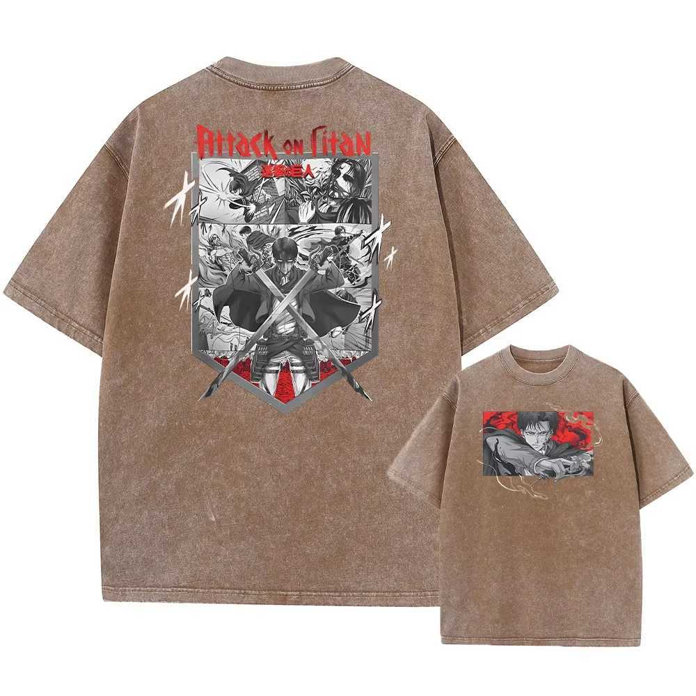 Anime Attack on Titan Eren Jaeger Printed T-shirt Men Vintage Washed Tshirt Manga Casual T Shirt Harajuku Male Cotton Tops W250603