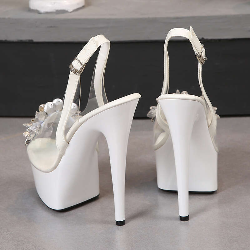 Super High Heels Rhinestone Peep Toe Shoes Nightclub Stiletto High Heels 13Cm Transparent Open Back Sandals Women's Catwalk Steel Tube Stage Plat
