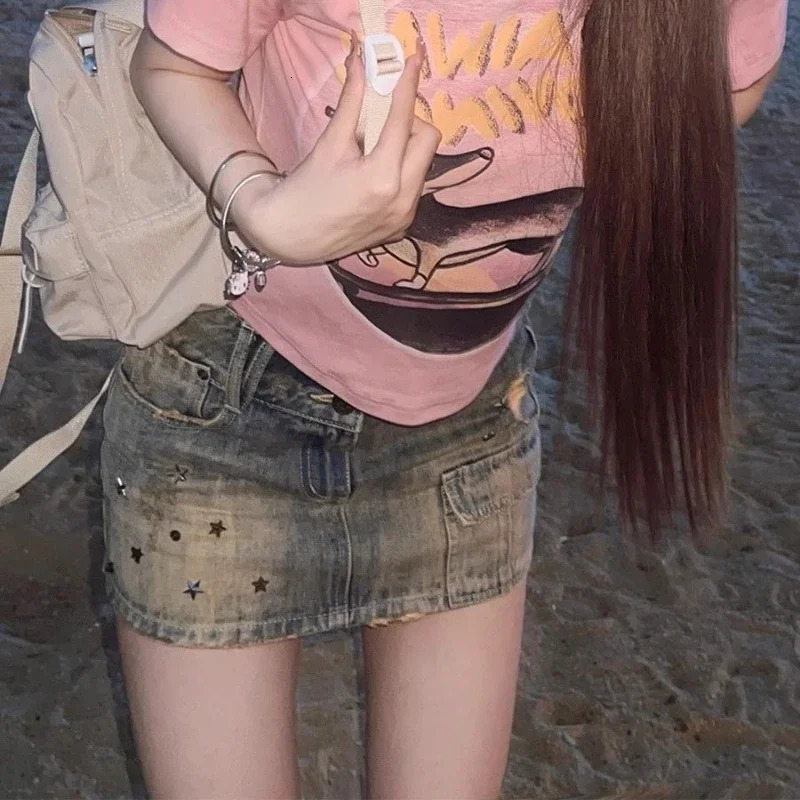Deeptown Vintage Y2k Denim Skirt Women Sexy Harajuku Star Streetwear Mini Skirts A-line Retro Fashion Slim Up Casual Jeans Skirt 250603