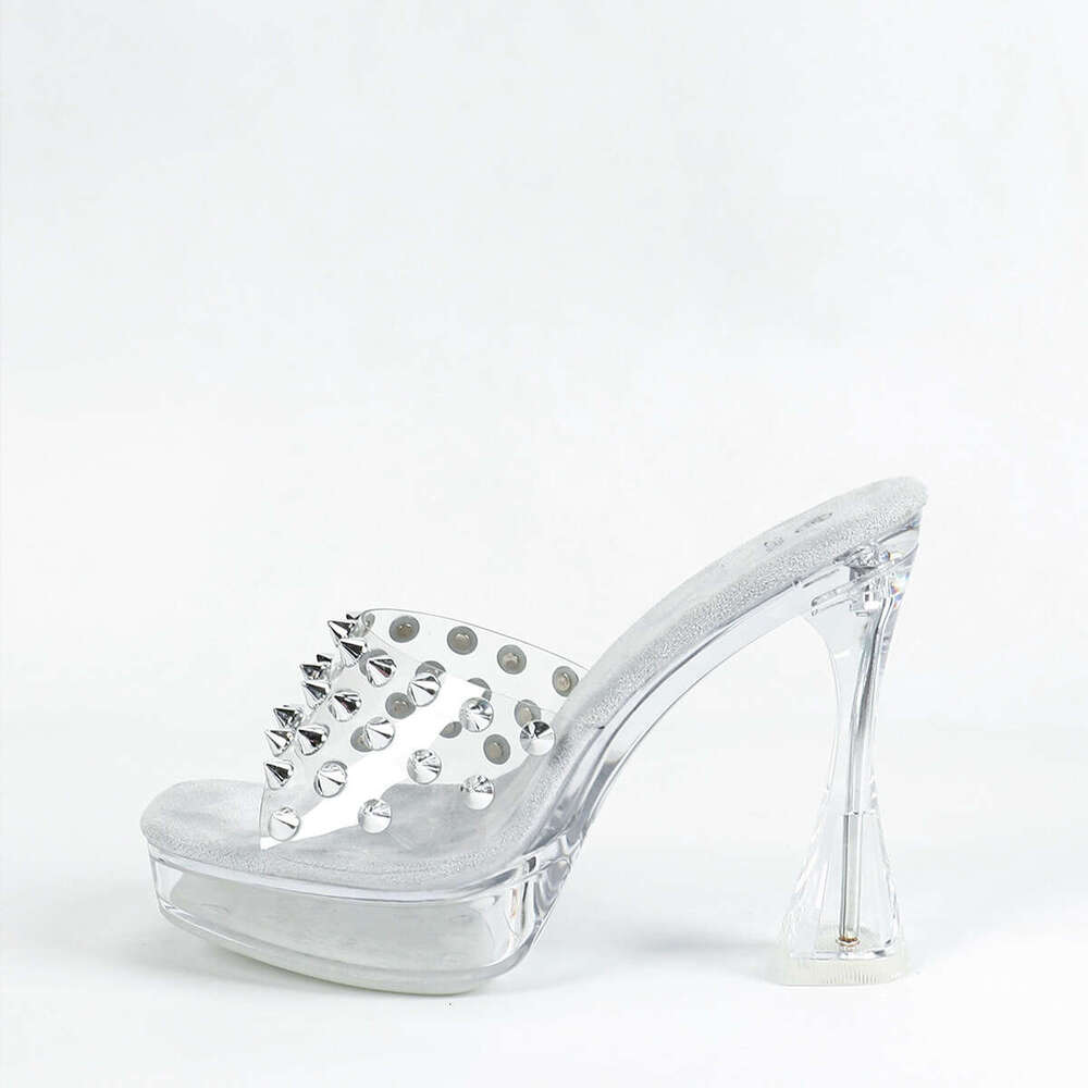 Super High Heels 1987-26 Pointed Rivet Sexy Fashion Transparent Crystal Chunky Heel Sandals Square Toe 12Cm Super High Heels Platform High Heels