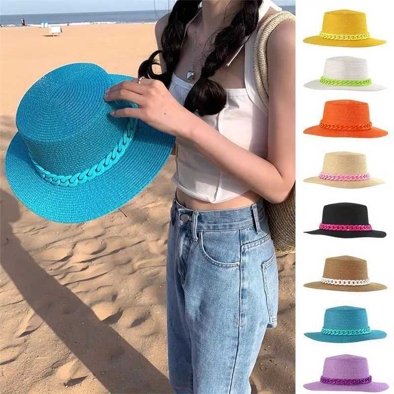 Summer Women Hat New Adjustable Flat Top Mens and Womens Straw Hat Fedora Sun Hat Beach Hat Jazz Fluorescent Yellow Jazz W250602
