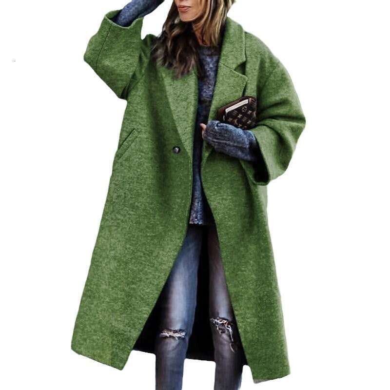 Autumn Winter Long Color Temperament Commuting No Belt Turn-Down Collar Loose Woolen Green Coat For Women B5