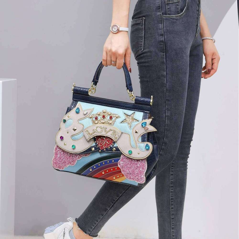 Women Leather Designer Purse Handbag Shoulder Bags Cross Body Bag Braccialini 3D Decoration Clouds Rainbow