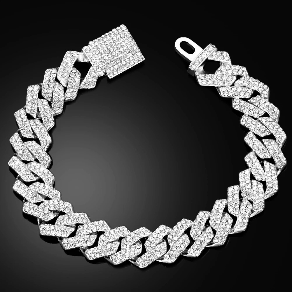 14MM Prong Cuban Link Chain Bracelets Iced Out 2 Row Rhinestone Paved Rhombus Cuban Chain Bracelets Hip Hop Jewelry Wholesale 250530