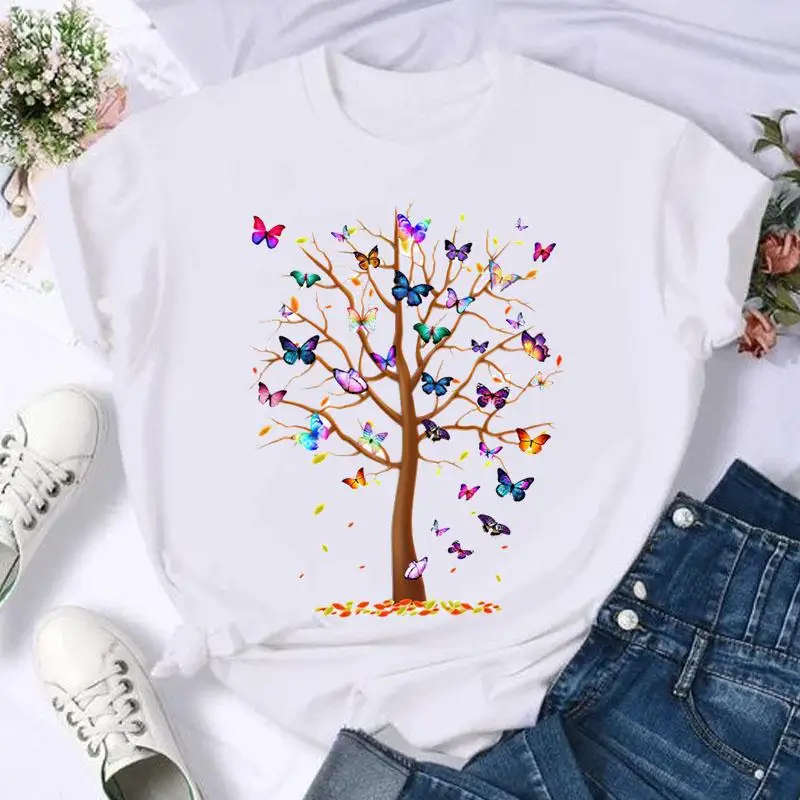 Short Sleeve Butterfly Bow Sweet Flower Fashion Summer Women Print T Shirt Female Casual Top T-shirts Cartoon Graphic Tee T-Shirt