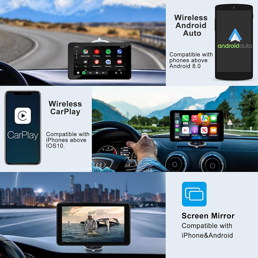 XINMY 7" Wireless CarPlay Android Auto Screen for Car, 2.5D Touch Screen Naivgation Car Stereo Portable CarPlay Bluetooth Mirror Link, Siri, AirP