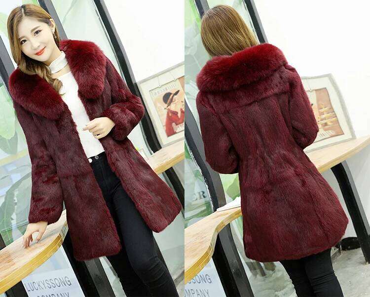 New Women's Real genuine natural rabbit coat with fox collar girl's fashion fur jacket outwear custom any size