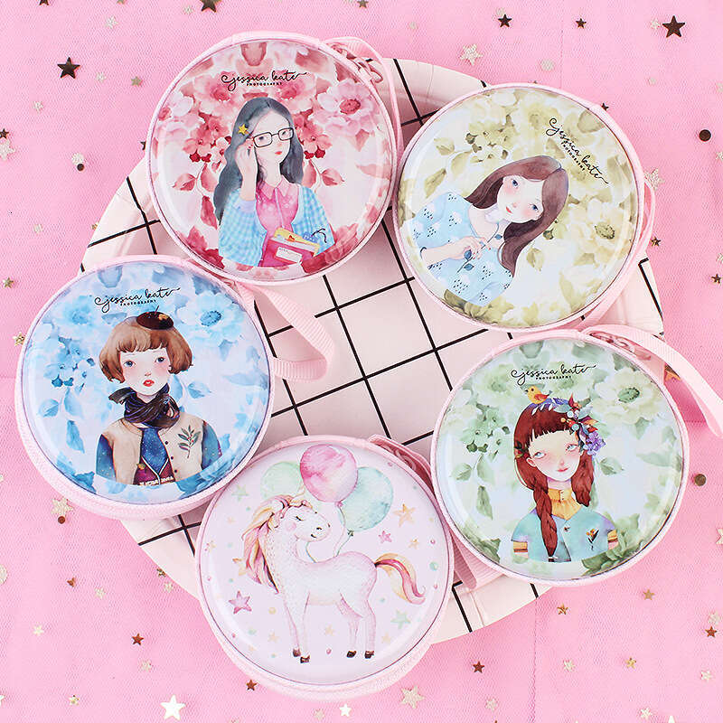 Korean Style Christmas New Year Tinplate Storage Box Iron Round Coin Purse Cartoon Animal Mini Key Earphone Bag