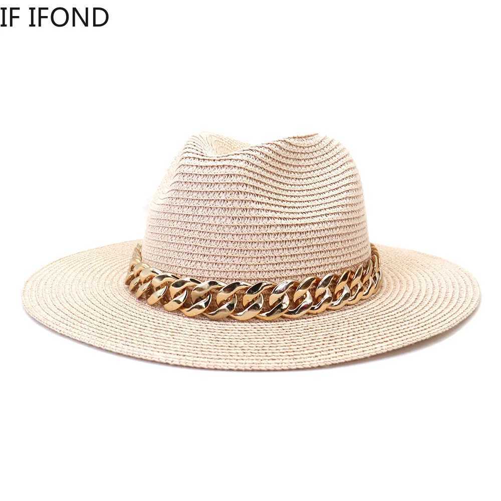 Fashion Gold Chain Belt Panama Straw Hats For Women Summer Breathable Beach Sun Hats Elegant Ladies Party Jazz Hat W250602