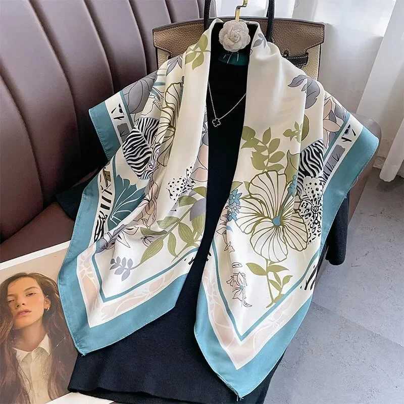 New Fashion Print Twill Silk Scarf Women Hijab Muslim Headband 90cm Square Bandana Foulard Summer Shawl Beach Stoles Echarpe W250602