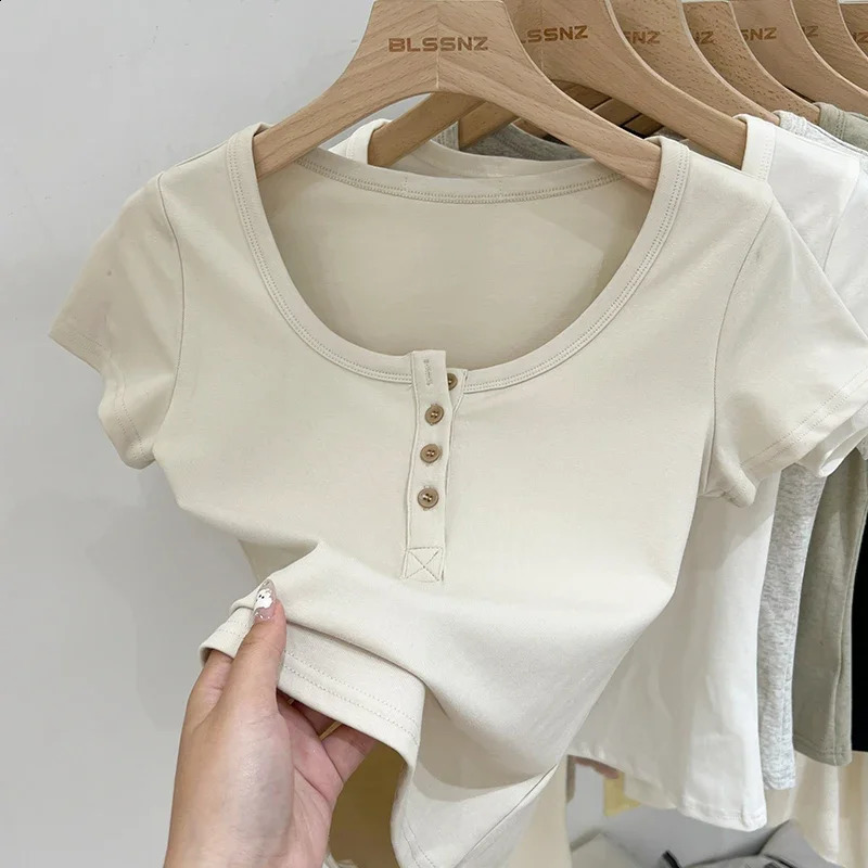Summer Women T Shirt Button T-Shirt Woman Clothes Tops Cotton Slim Tshirt Female Short Sleeve Top Summer Tee Sexy Canale Y2k 250529