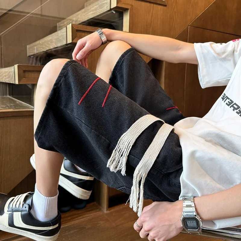 2025 Summer Mens Washed Embroidered Straight-leg Denim Shorts Y2K Vintage Drawstring Baggy Jorts High Street Fashion Short Jeans T250603