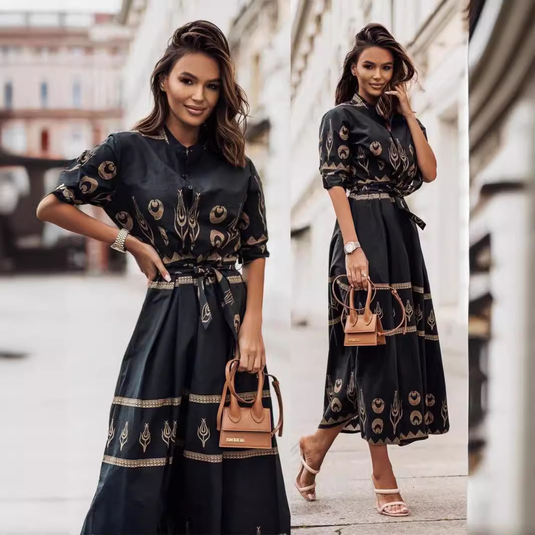 women's wear New Spring Autumn 2023 Women's Printed Tie Waist Dress