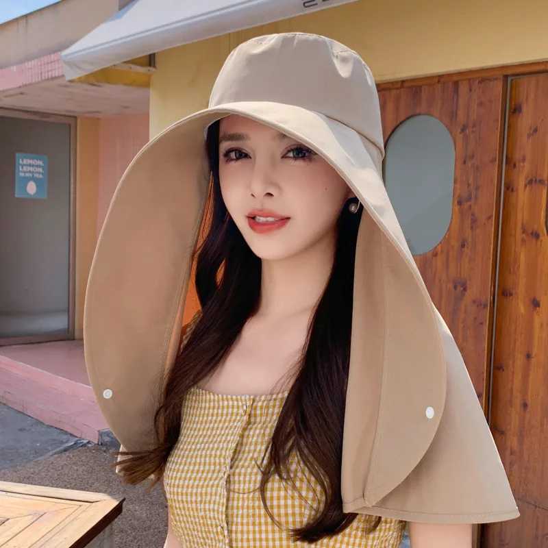 Summer Hats for Women Outdoor UV Anti Neck Protection Sun Visors for Lady Fishing Hiking Wide Brim Shawl Sunscreen Ponytail Cap W250602