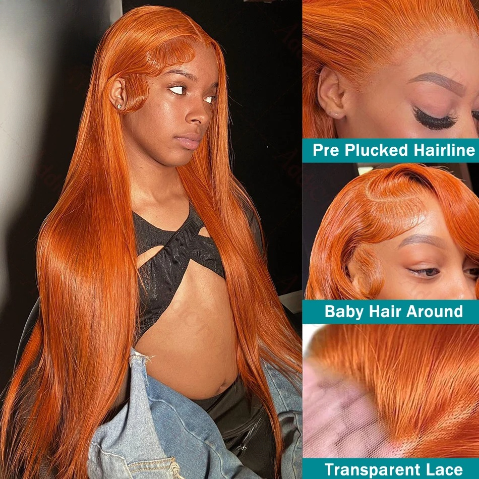 Straight Ginger Orange Wigs Colored 13x6 HD Lace Frontal Wig 13x4 30 Inch Human Hair PrePlucked Transparent Brazilian Wig Synthetic