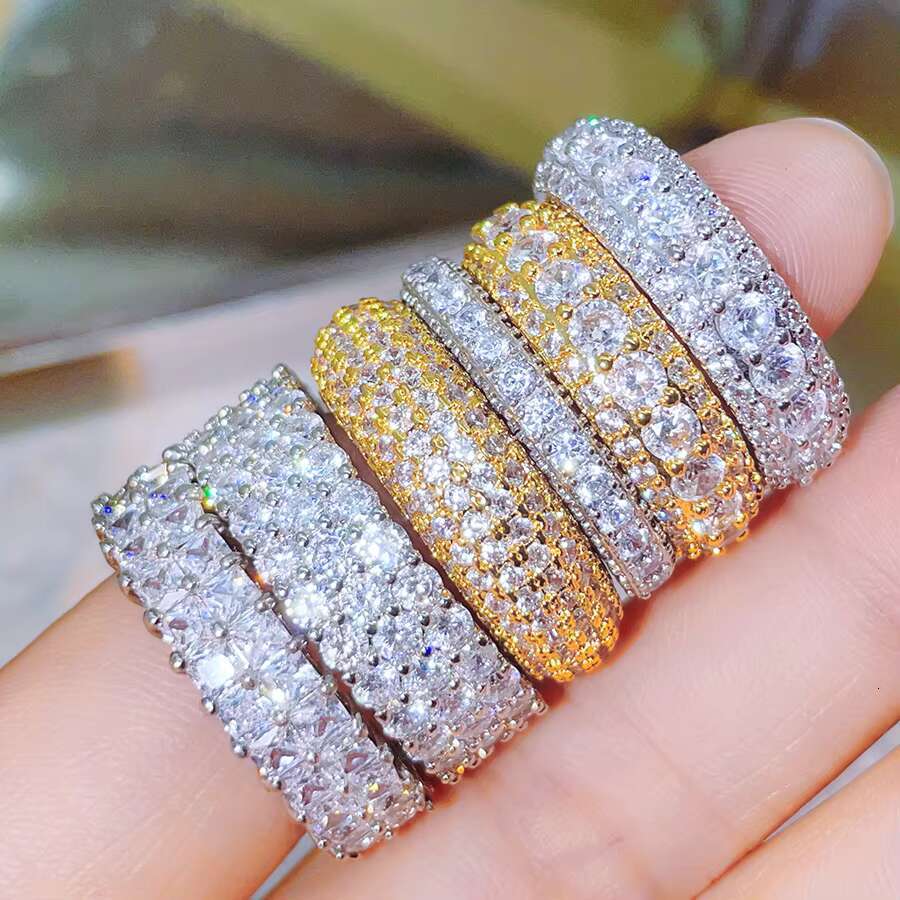 FOXI 3 Row Moissanite Diamond Eternity Band Ring Platinum Plated Hip Hop 925 Sterling Silver VVS Moissanite Diamond Fine Rings