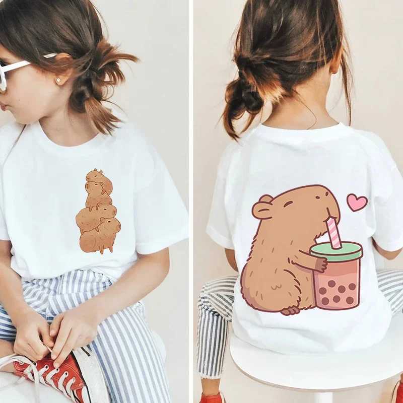 2025 Hot Sale Kawaii Capybara Lovers Double-Sided Printing Kids Clothes T-Shirt Girls/Boys White Short-Sleeved Top T-Shirt T250603