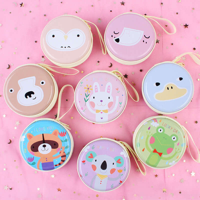 Korean Style Christmas New Year Tinplate Storage Box Iron Round Coin Purse Cartoon Animal Mini Key Earphone Bag