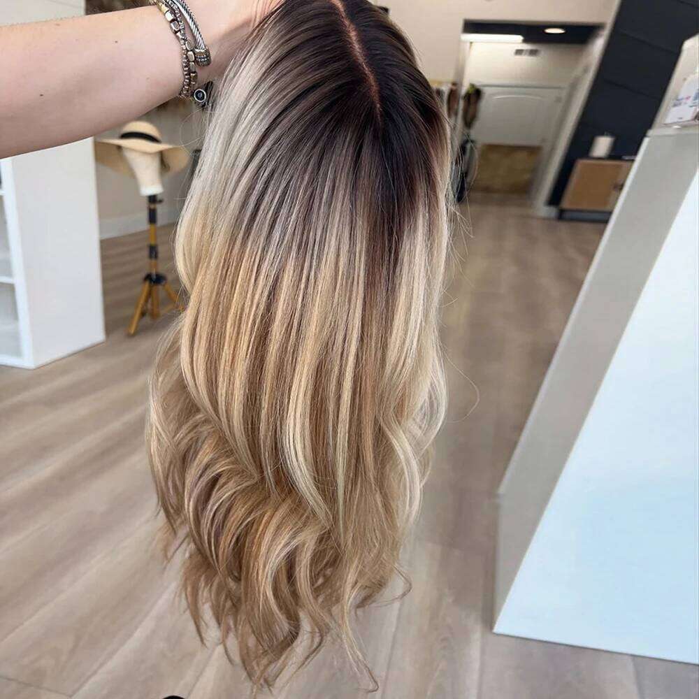 Baby Blonde Balayage Rooty Wavy Classic Long Hairstyle Human Hair Blend HD Invisible Lace Front 13x4 Free Part 26" Wig
