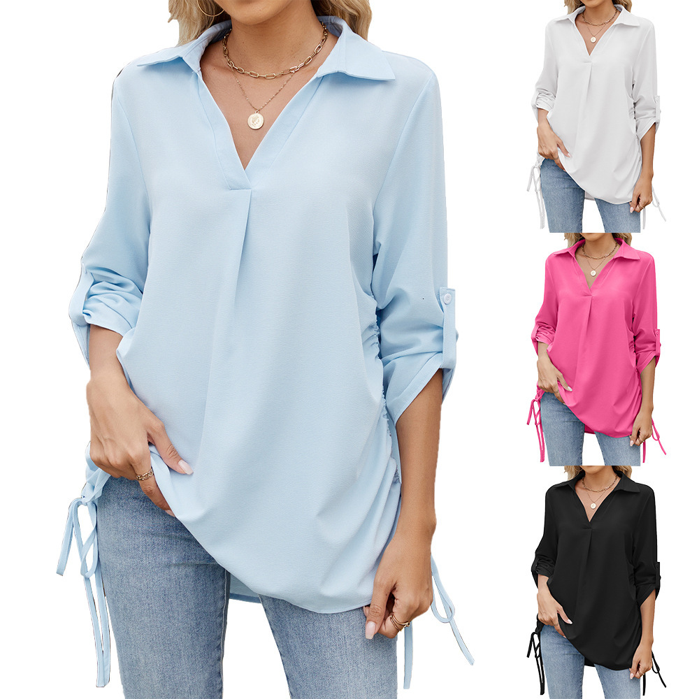 Luxury Designer Clothing European And American Solid Color Lapel Loose Middle Sleeve Chiffon Women's Shirt 2025 New Designer T-shirt