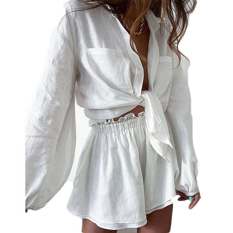 European and American solid color ruffled shorts shirt women's two-piece set 2025 new casual versatile fashion clothing