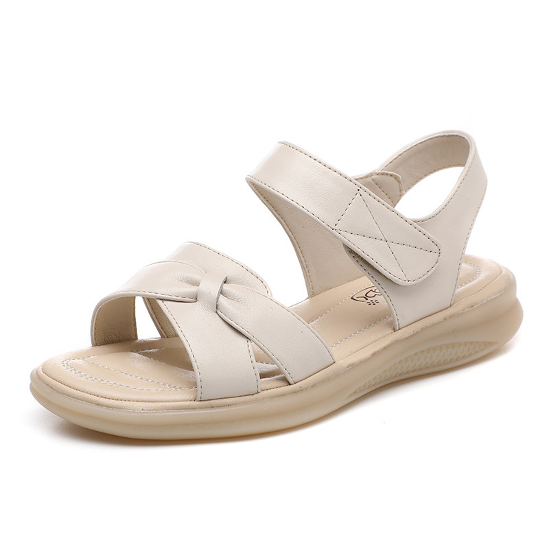 Wangnai Genuine Leather Soft Sandals for Women, Summer Flat Non-Slip Pregnant Women Beach Shoes, Middle-Aged Large Size Cowhide Sole Mom Shoes ddmythu