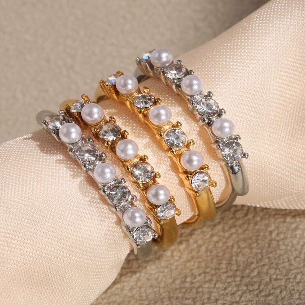 oumika stainless zircon niche shell pearl trendy titanium steel nonfading stackable index finger ring